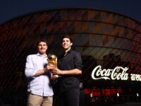 DUBAI, UNITED ARAB EMIRATES - MAY 11:  Iker Casillas, FIFA World Cup Trophy Tour Ambassador and Kaka, FIFA World Cup Trophy Tour Ambassador pose for picture with the Original FIFA World Cup Trophy at Coca-Cola Arena on May 11, 2022 in Dubai, United Arab Emirates. (Photo by Francois Nel/Getty Images for Coca-Cola)